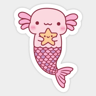 Cute Pink Axolotl Mermaid Holding Starfish Sticker